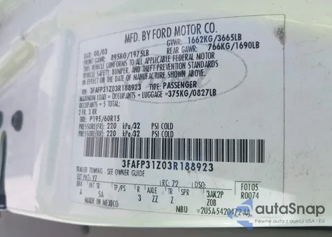 2003 Ford Focus Zx3 z USA, uszkodzony, nr VIN 3FAFP31Z03R188923